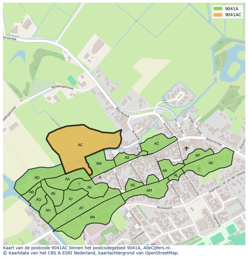 Afbeelding van het postcodegebied 9041 AC op de kaart.