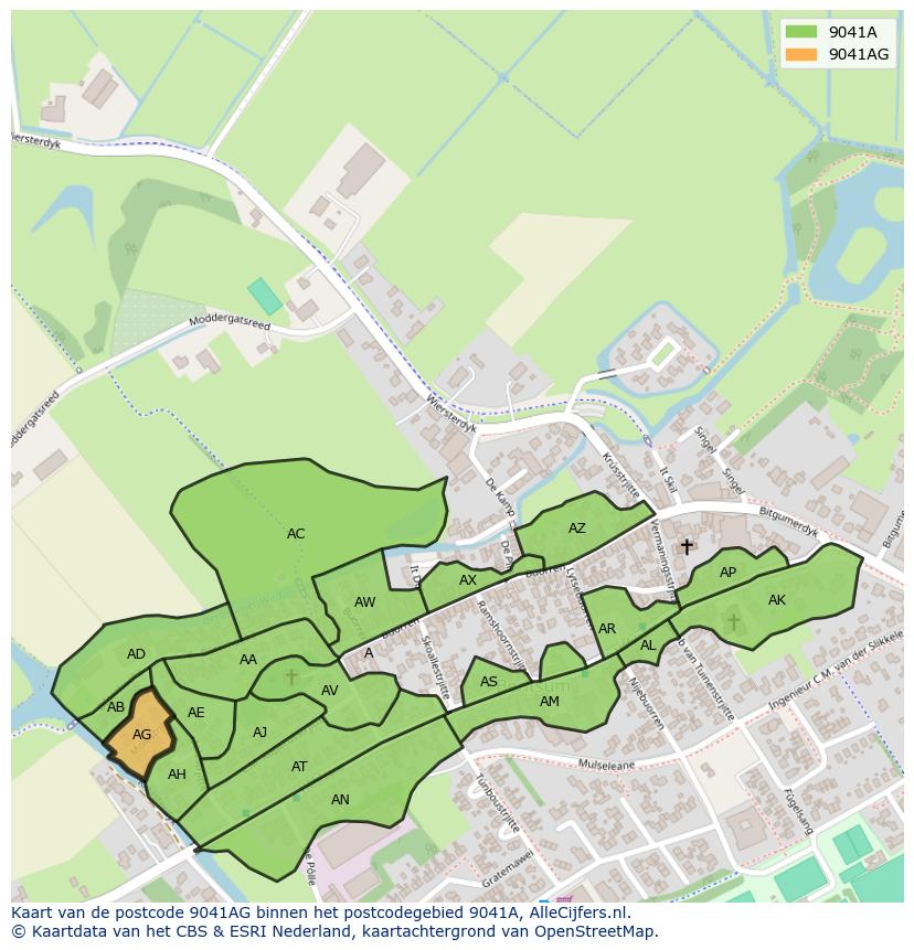 Afbeelding van het postcodegebied 9041 AG op de kaart.