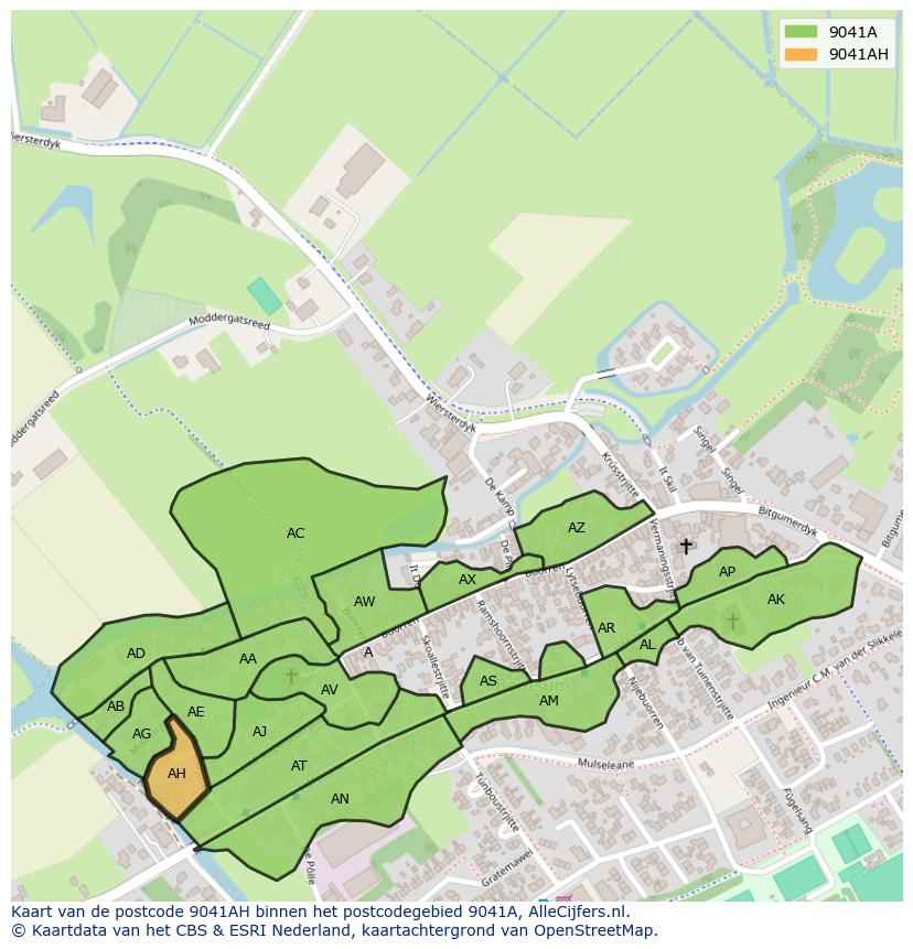 Afbeelding van het postcodegebied 9041 AH op de kaart.