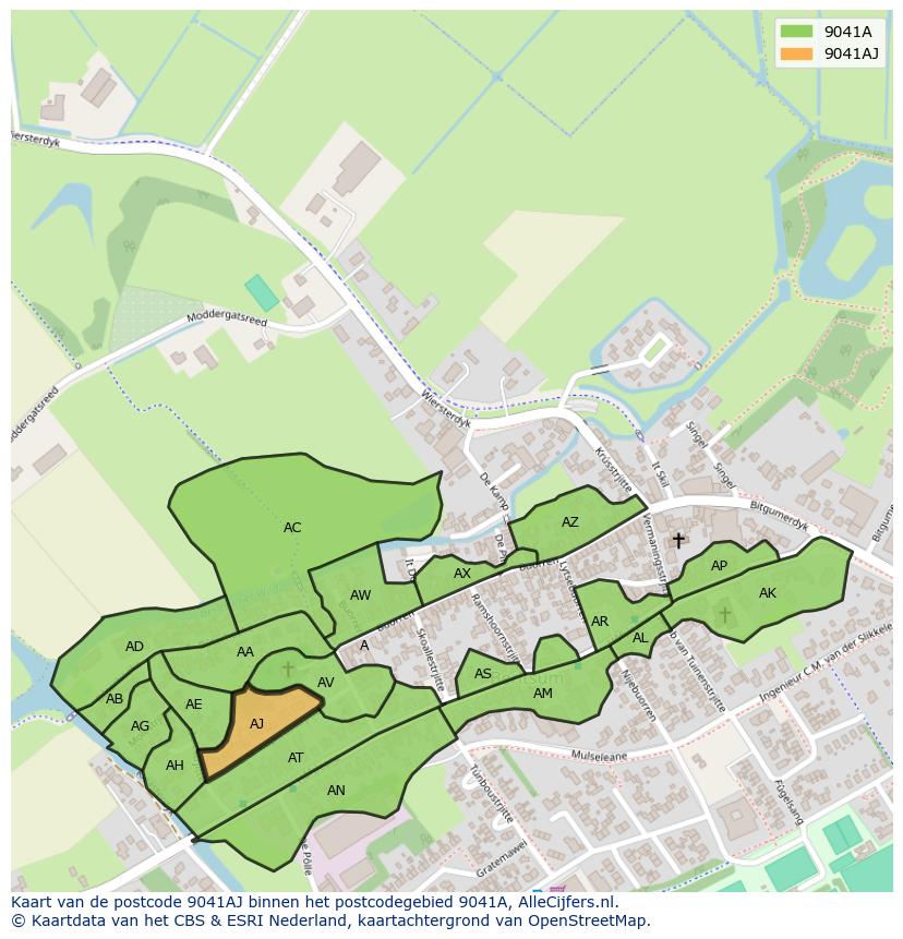 Afbeelding van het postcodegebied 9041 AJ op de kaart.