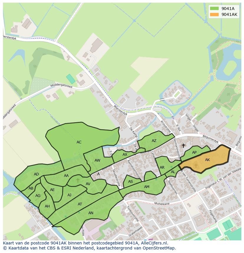 Afbeelding van het postcodegebied 9041 AK op de kaart.