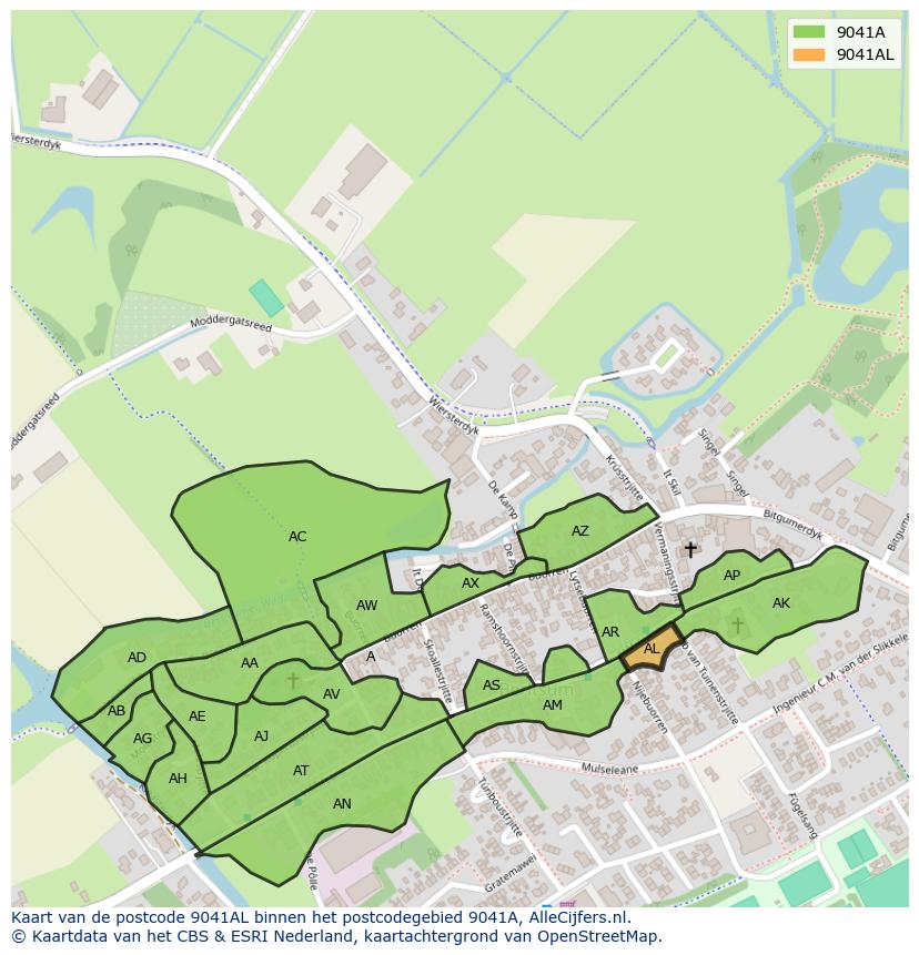 Afbeelding van het postcodegebied 9041 AL op de kaart.
