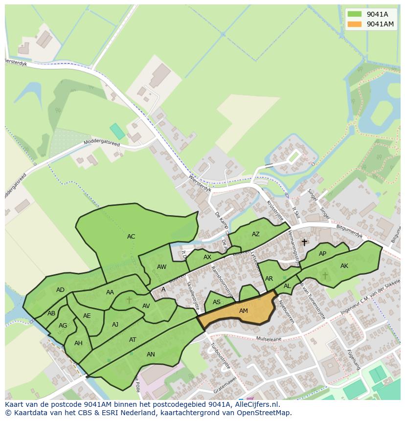 Afbeelding van het postcodegebied 9041 AM op de kaart.