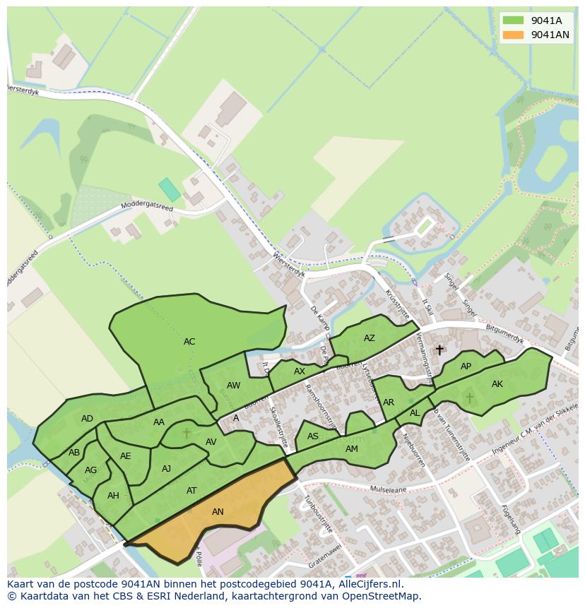 Afbeelding van het postcodegebied 9041 AN op de kaart.