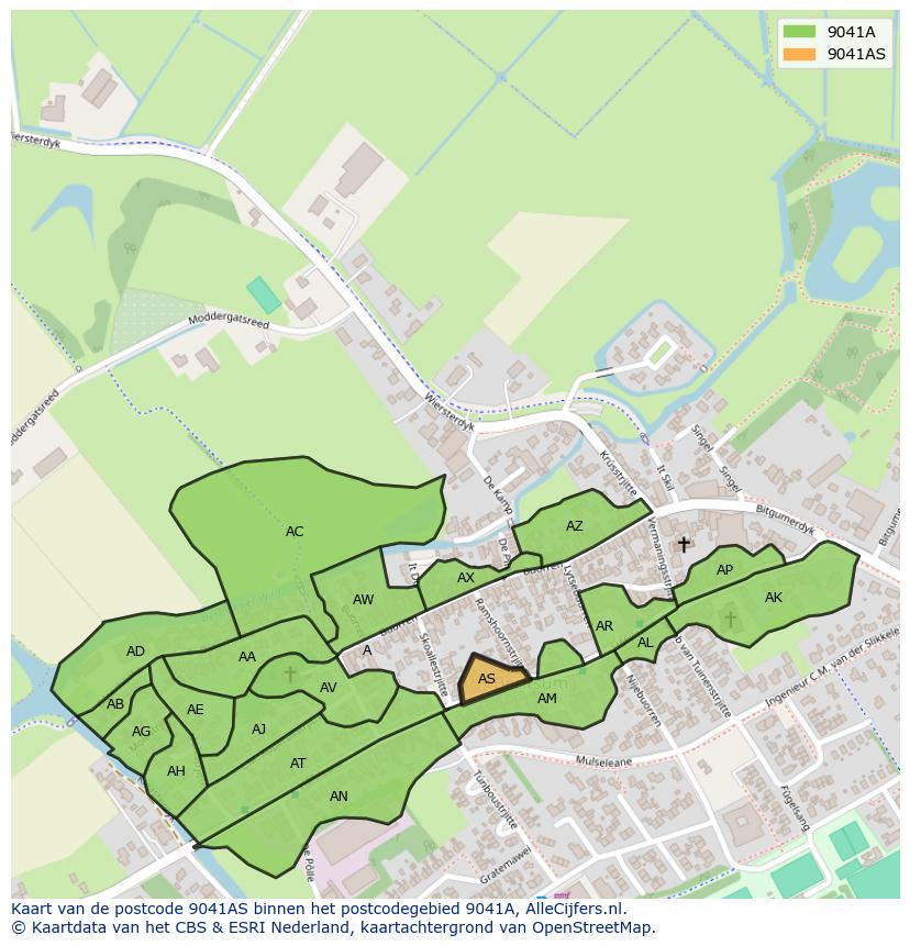 Afbeelding van het postcodegebied 9041 AS op de kaart.