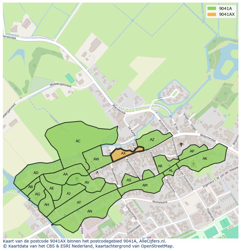 Afbeelding van het postcodegebied 9041 AX op de kaart.