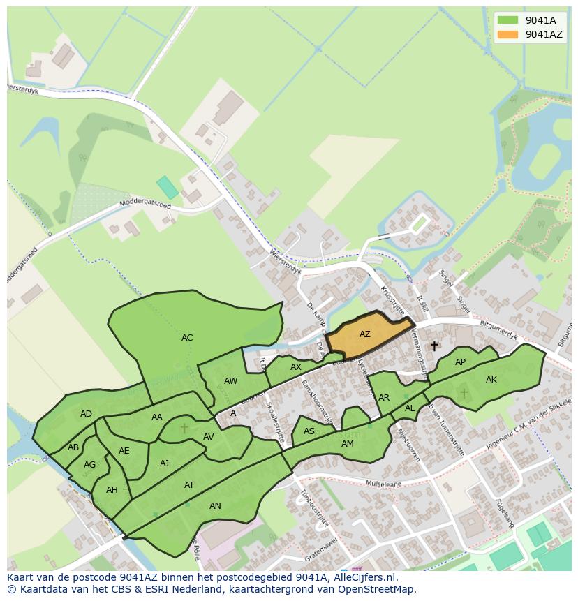Afbeelding van het postcodegebied 9041 AZ op de kaart.