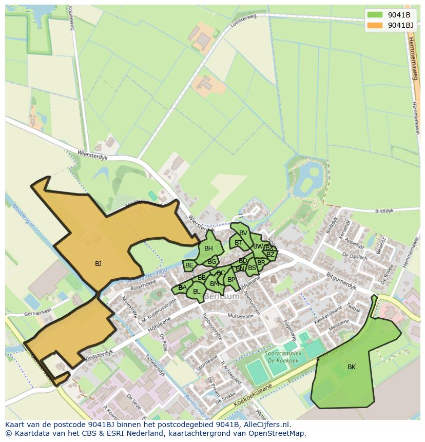 Afbeelding van het postcodegebied 9041 BJ op de kaart.
