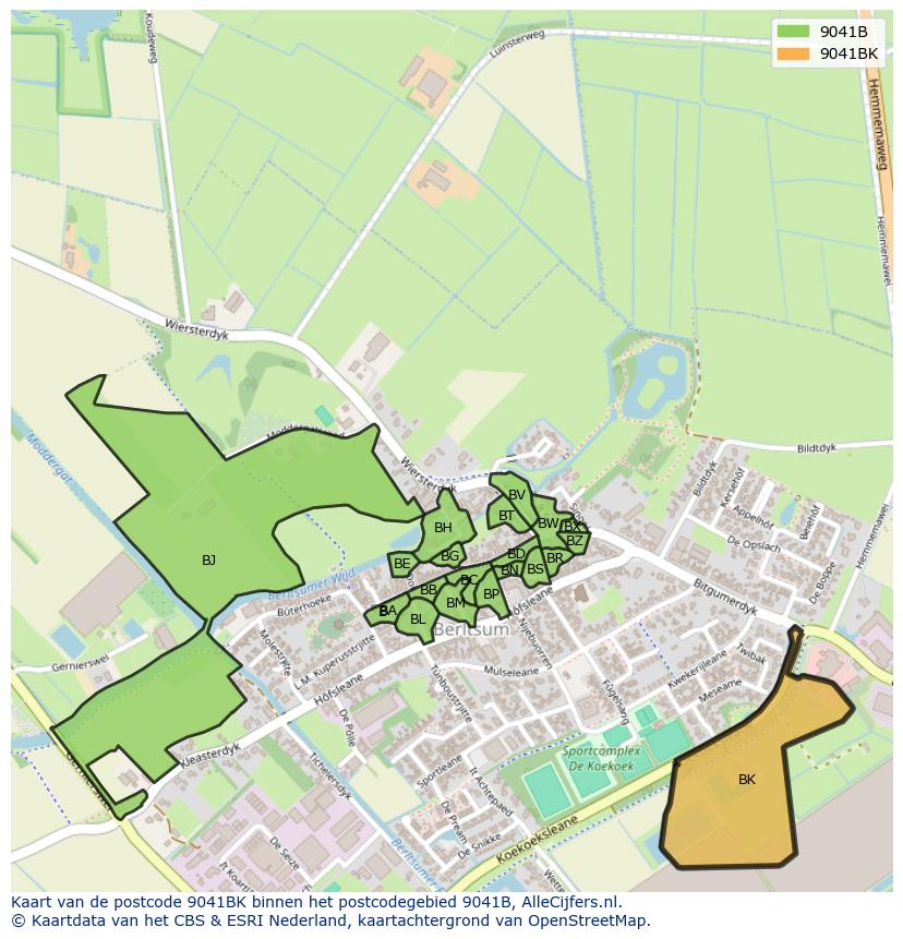 Afbeelding van het postcodegebied 9041 BK op de kaart.