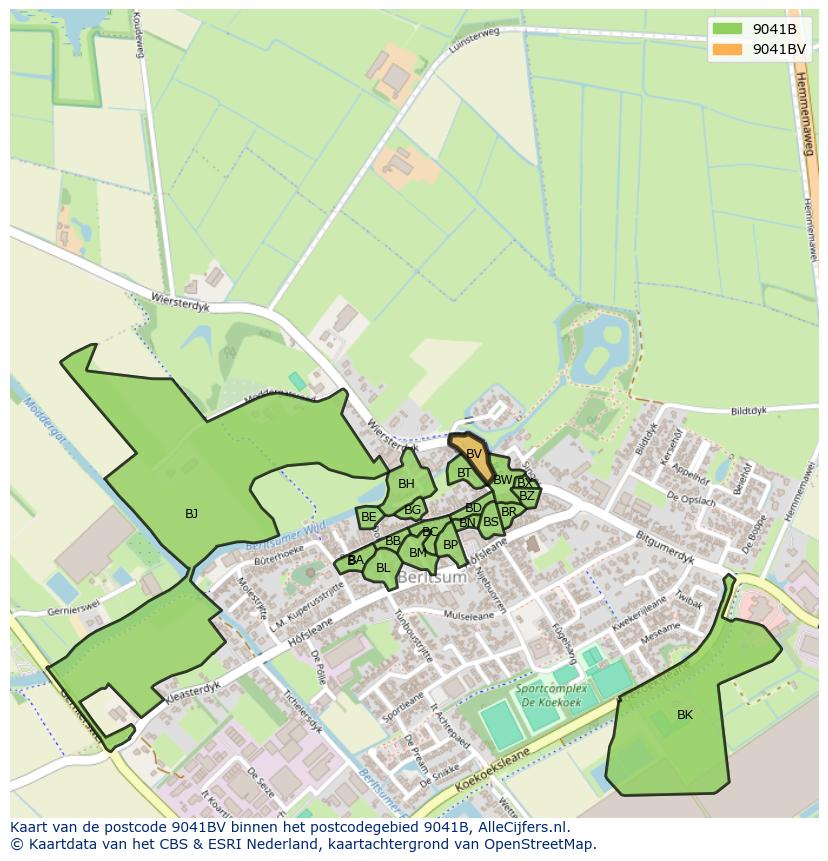 Afbeelding van het postcodegebied 9041 BV op de kaart.