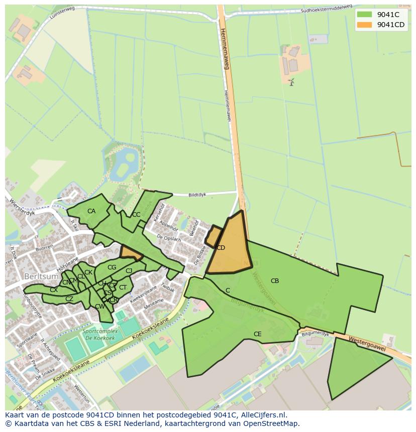 Afbeelding van het postcodegebied 9041 CD op de kaart.