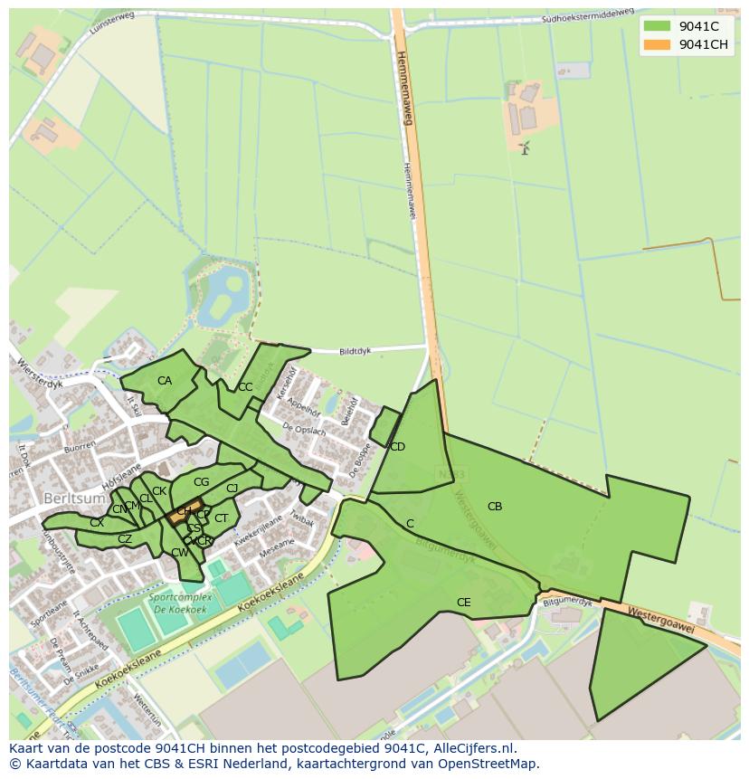 Afbeelding van het postcodegebied 9041 CH op de kaart.