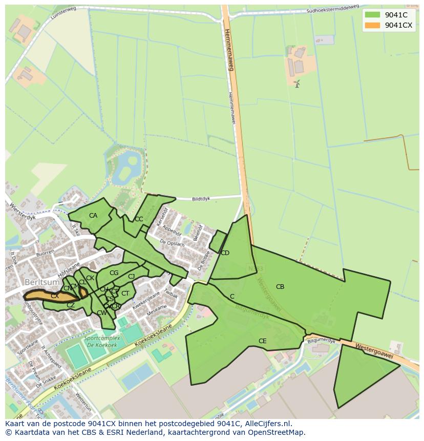 Afbeelding van het postcodegebied 9041 CX op de kaart.