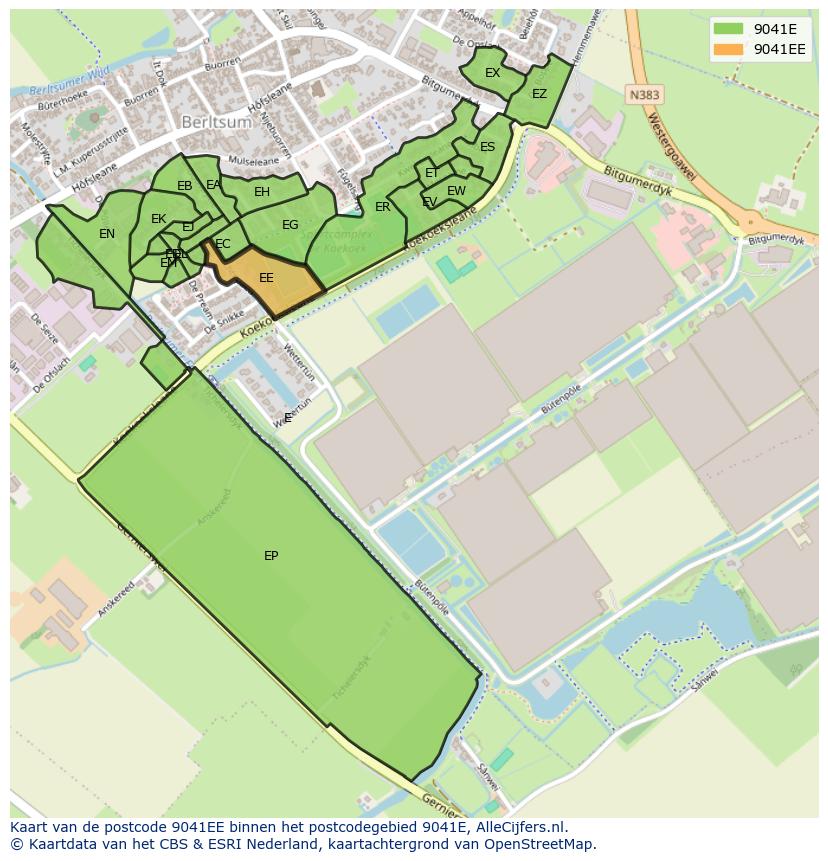 Afbeelding van het postcodegebied 9041 EE op de kaart.