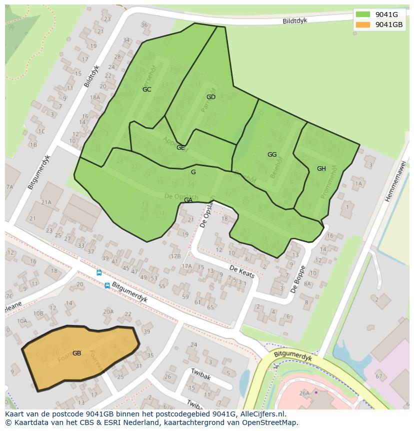 Afbeelding van het postcodegebied 9041 GB op de kaart.