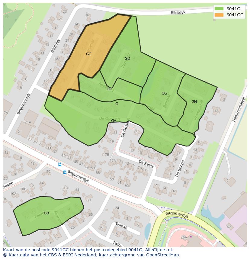 Afbeelding van het postcodegebied 9041 GC op de kaart.