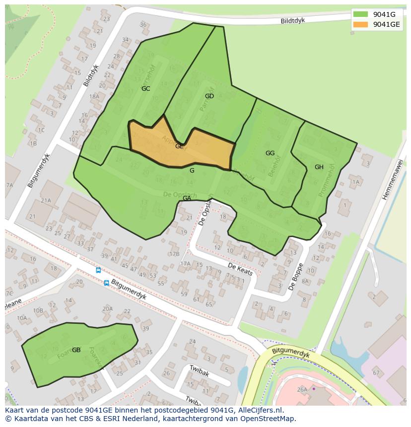 Afbeelding van het postcodegebied 9041 GE op de kaart.