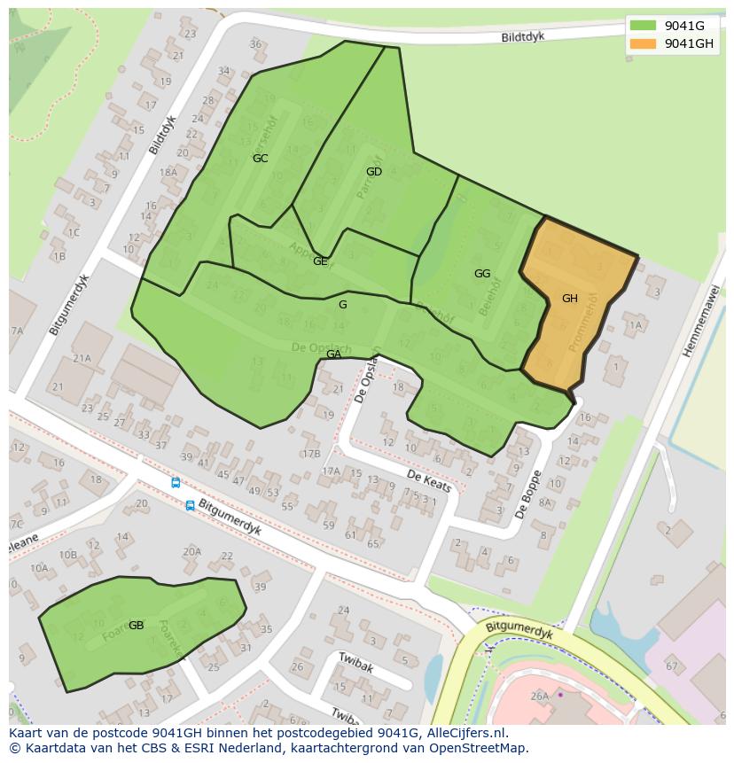 Afbeelding van het postcodegebied 9041 GH op de kaart.