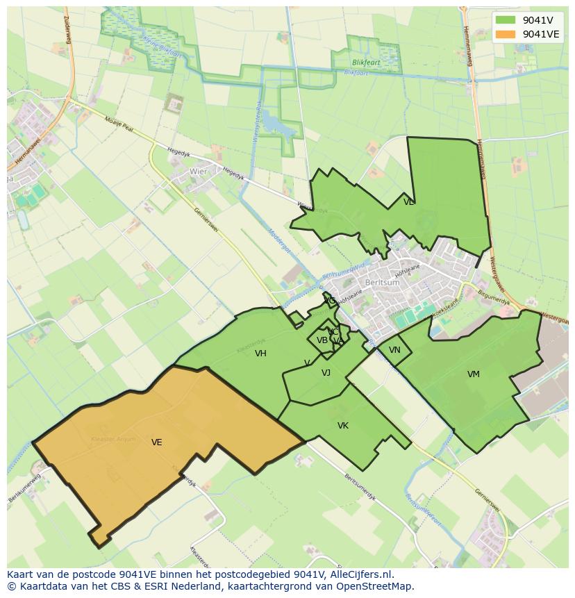 Afbeelding van het postcodegebied 9041 VE op de kaart.