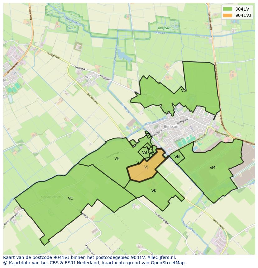 Afbeelding van het postcodegebied 9041 VJ op de kaart.