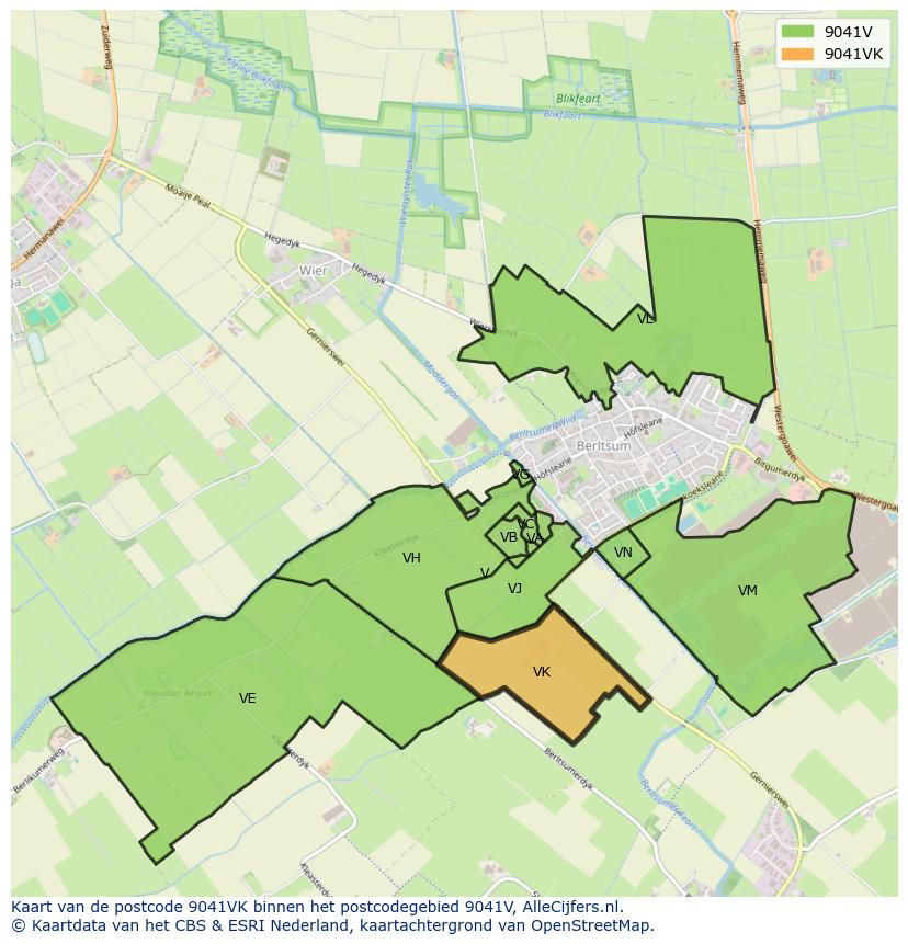 Afbeelding van het postcodegebied 9041 VK op de kaart.