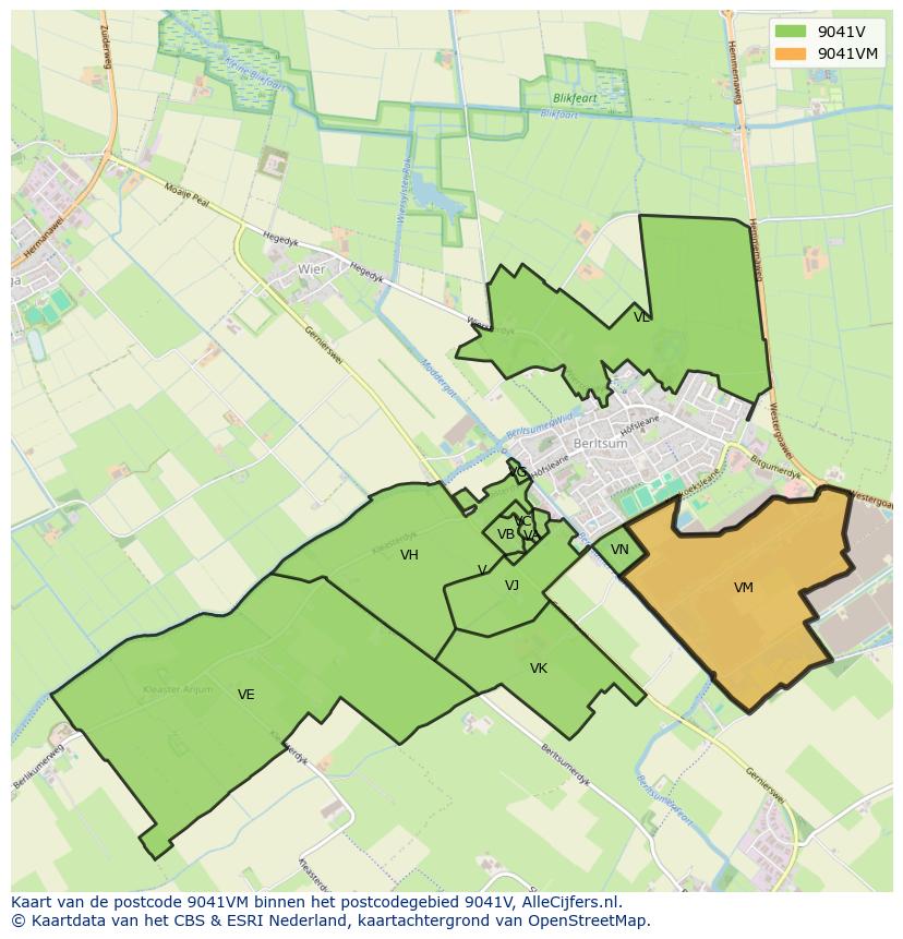 Afbeelding van het postcodegebied 9041 VM op de kaart.