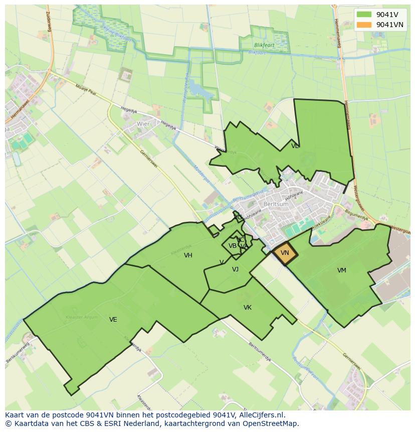 Afbeelding van het postcodegebied 9041 VN op de kaart.