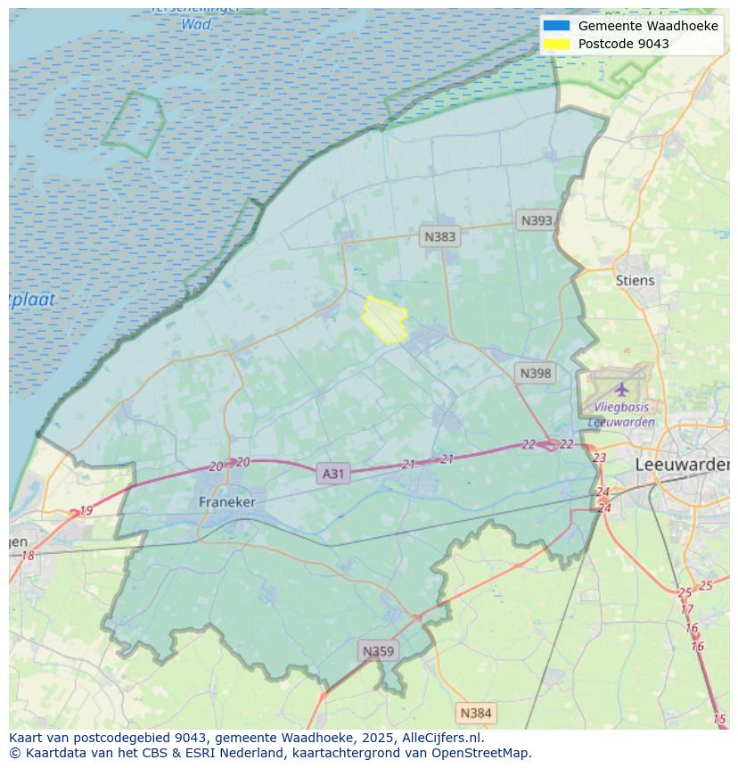 Afbeelding van het postcodegebied 9043 op de kaart.