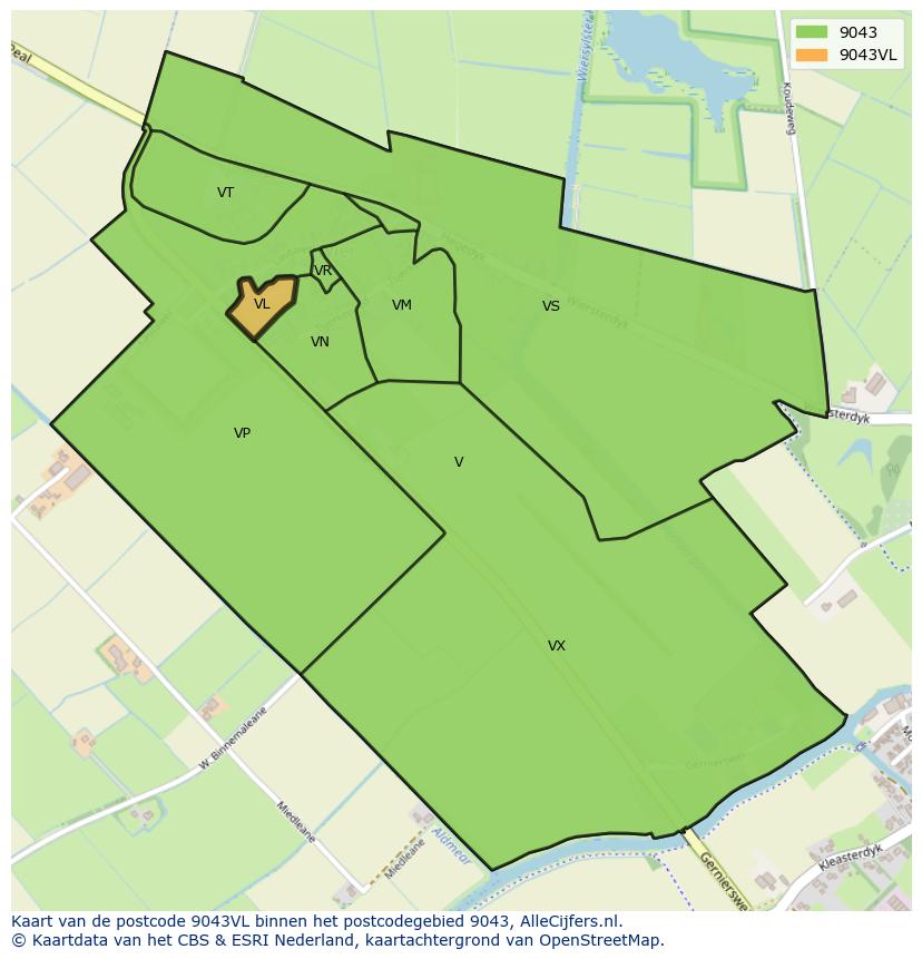 Afbeelding van het postcodegebied 9043 VL op de kaart.