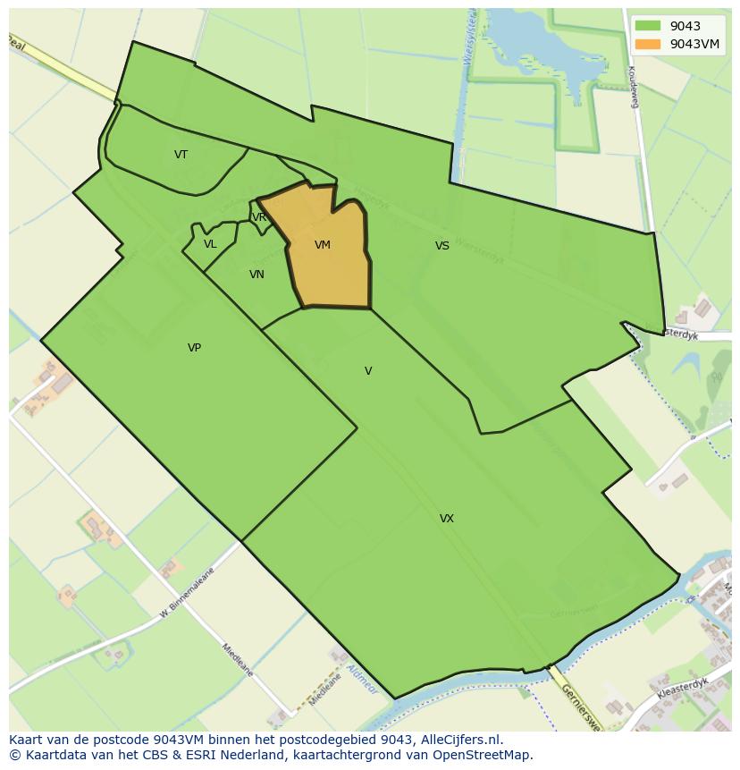 Afbeelding van het postcodegebied 9043 VM op de kaart.