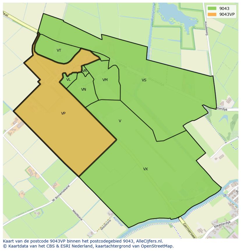 Afbeelding van het postcodegebied 9043 VP op de kaart.