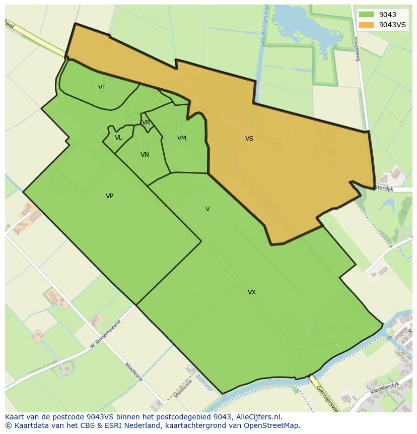 Afbeelding van het postcodegebied 9043 VS op de kaart.