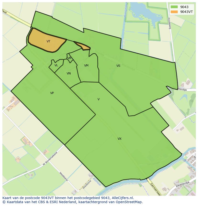 Afbeelding van het postcodegebied 9043 VT op de kaart.