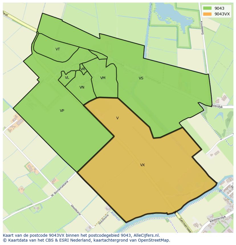 Afbeelding van het postcodegebied 9043 VX op de kaart.