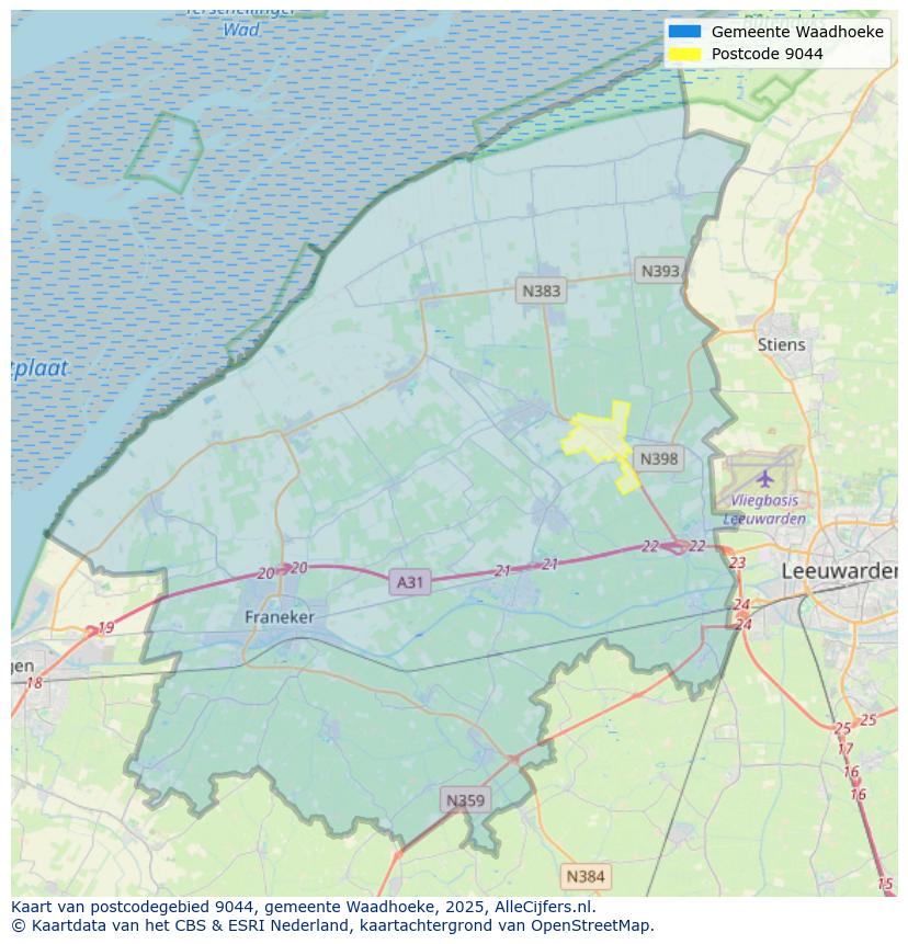 Afbeelding van het postcodegebied 9044 op de kaart.