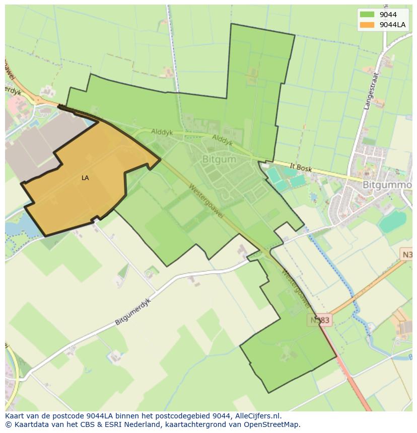 Afbeelding van het postcodegebied 9044 LA op de kaart.