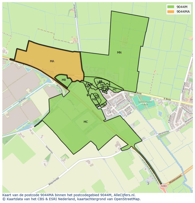Afbeelding van het postcodegebied 9044 MA op de kaart.