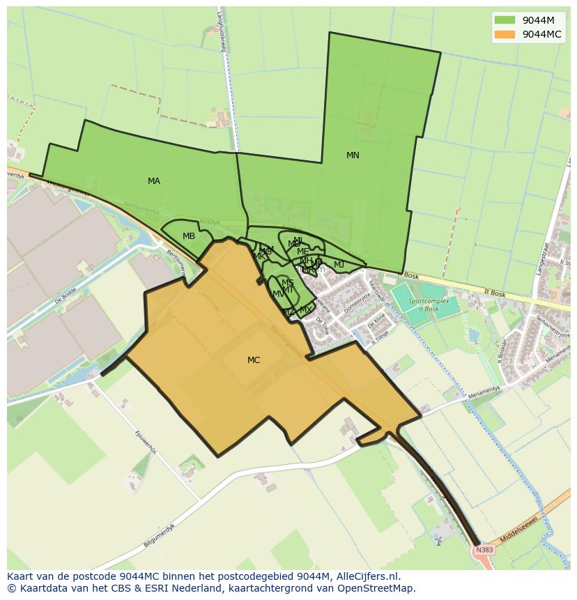 Afbeelding van het postcodegebied 9044 MC op de kaart.