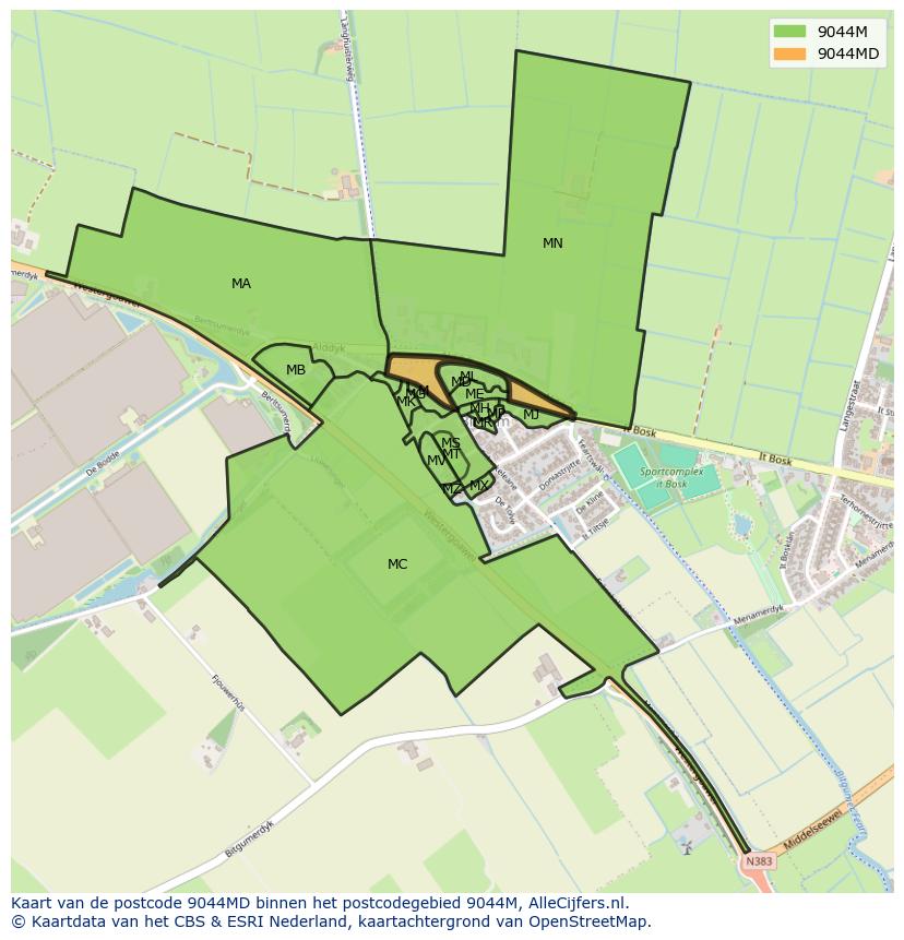 Afbeelding van het postcodegebied 9044 MD op de kaart.