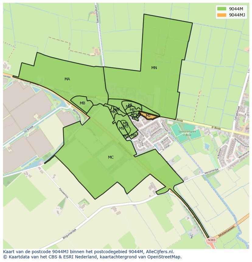 Afbeelding van het postcodegebied 9044 MJ op de kaart.