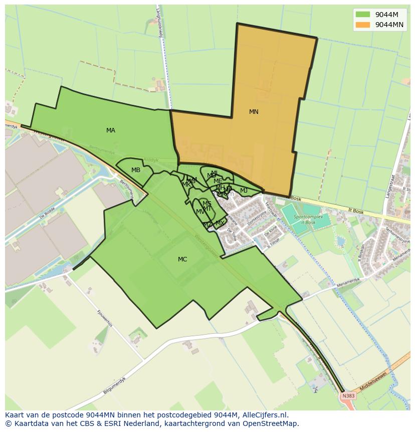 Afbeelding van het postcodegebied 9044 MN op de kaart.