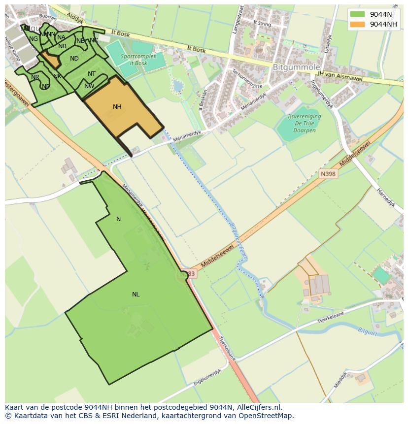Afbeelding van het postcodegebied 9044 NH op de kaart.