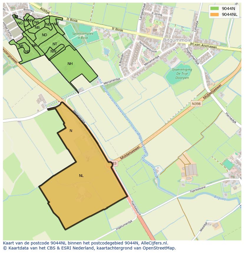 Afbeelding van het postcodegebied 9044 NL op de kaart.