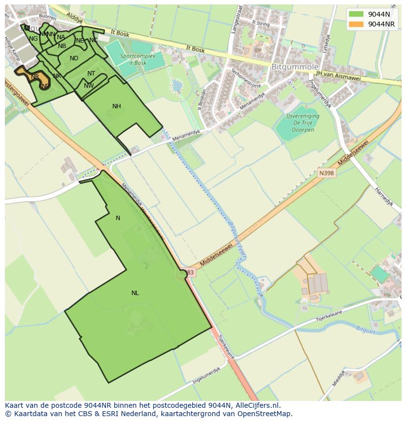 Afbeelding van het postcodegebied 9044 NR op de kaart.