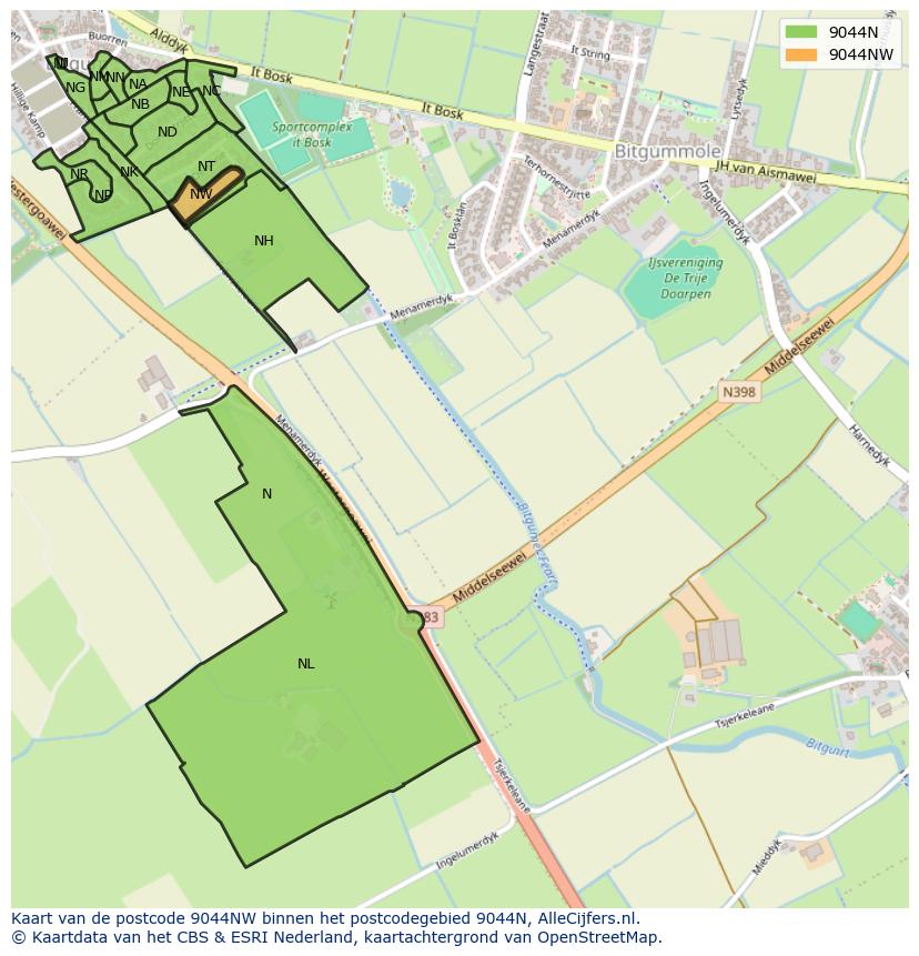 Afbeelding van het postcodegebied 9044 NW op de kaart.