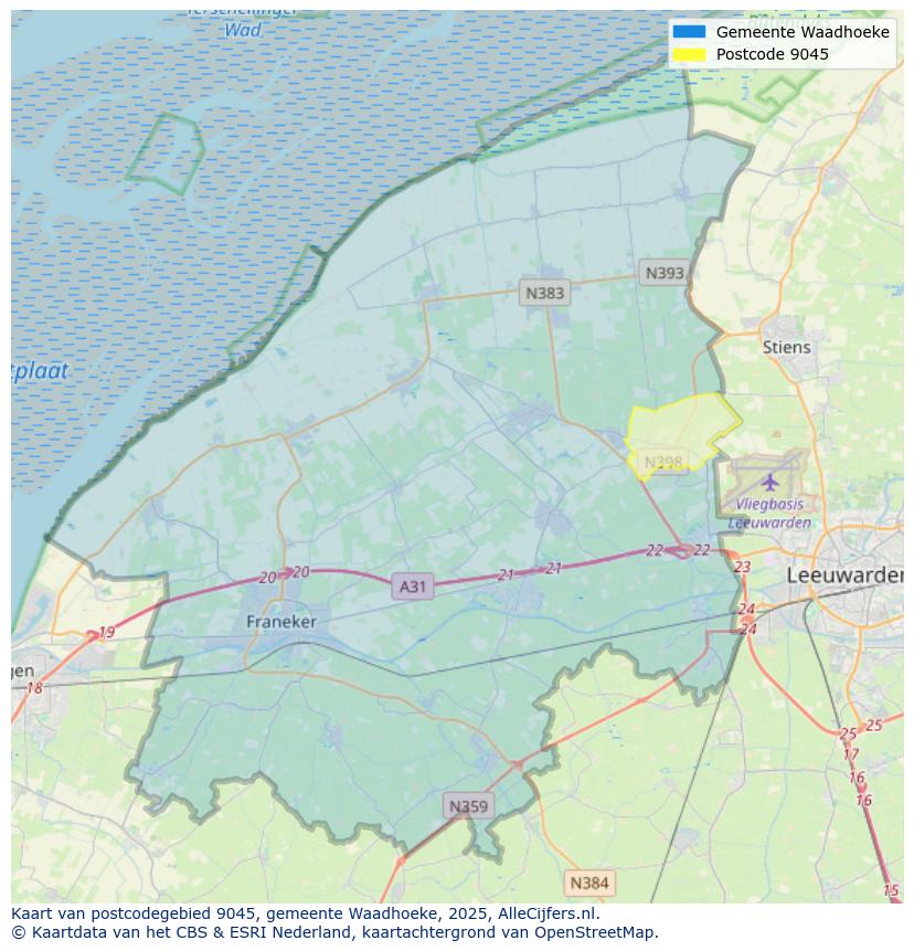 Afbeelding van het postcodegebied 9045 op de kaart.
