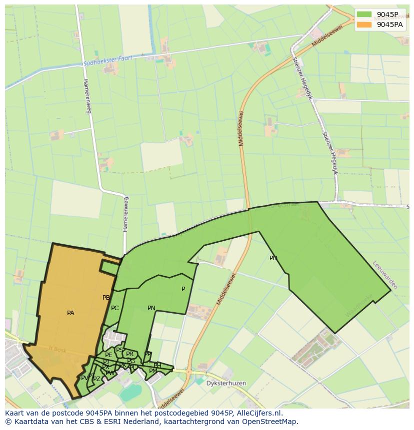Afbeelding van het postcodegebied 9045 PA op de kaart.