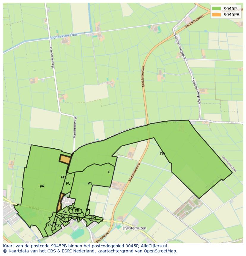 Afbeelding van het postcodegebied 9045 PB op de kaart.