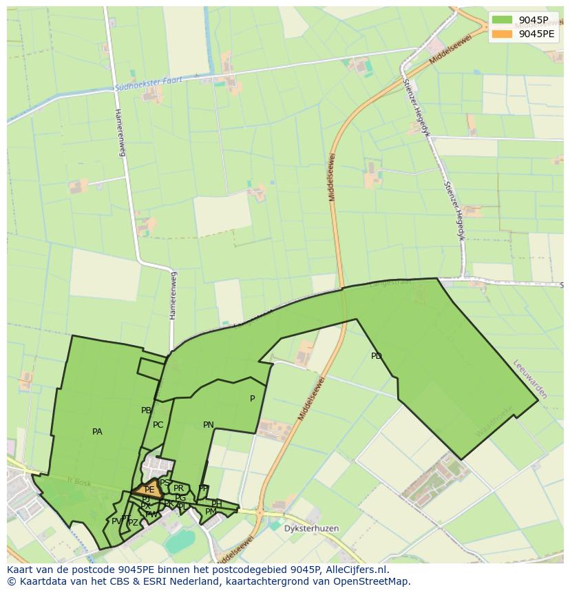 Afbeelding van het postcodegebied 9045 PE op de kaart.
