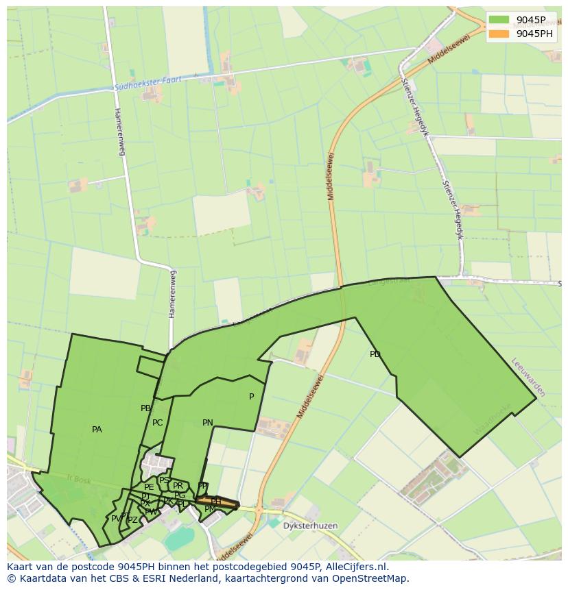 Afbeelding van het postcodegebied 9045 PH op de kaart.